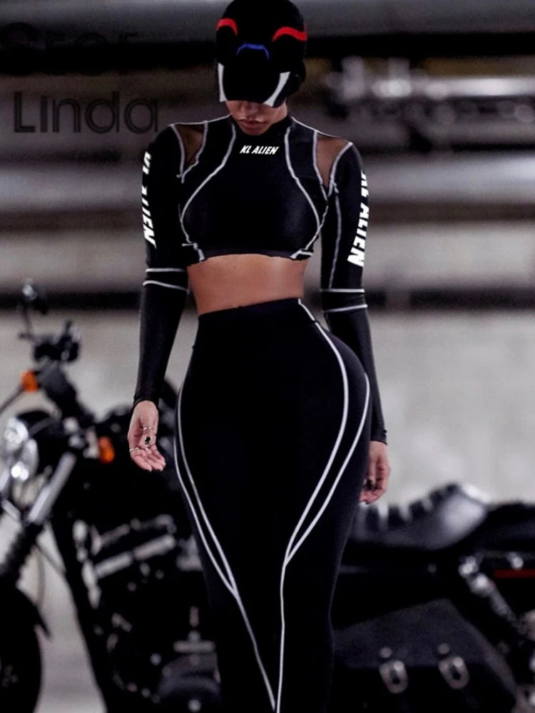 Elastic Cool Matching Sets Long Sleeve Cropped Top & Pants Two Piece Striped Sportswear Milanni Fashion