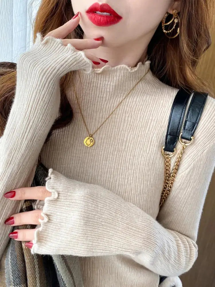 Turtleneck Ruched Women Sweater High Elastic Solid Fall Winter Fashion Sweater for Casual Wear Milanni Fashion