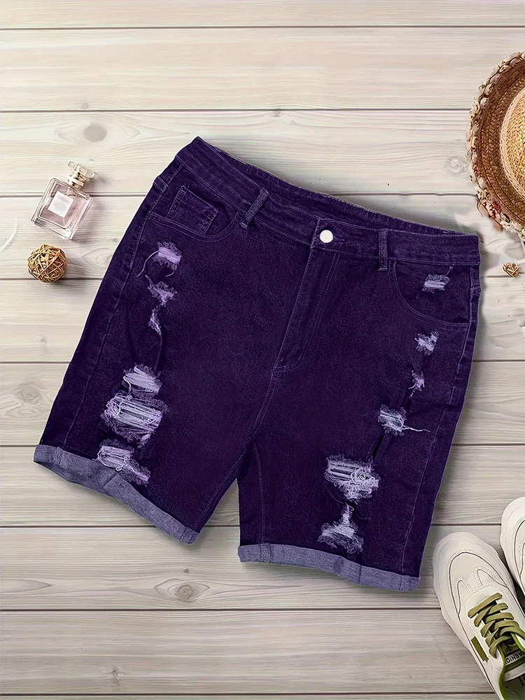 Curled Holes Denim Shorts Spring Summer Fashion Casual Solid Skinny Pencil Shorts Plus Size Mid Waist Stretchy Jeans Milanni Fashion