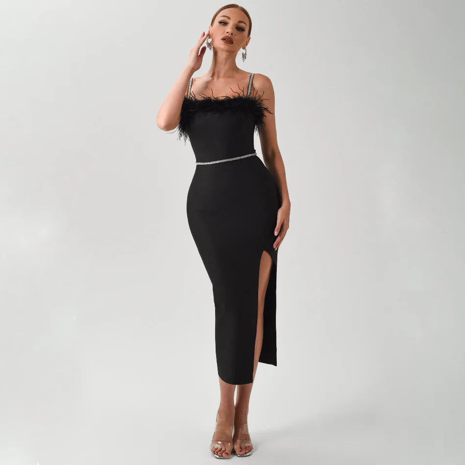 Sexy Summer Bandage Dress Women Feather Elegant Evening Cocktail Party Club Bodycon Midi Dress Midi Dress Milanni Fashion   