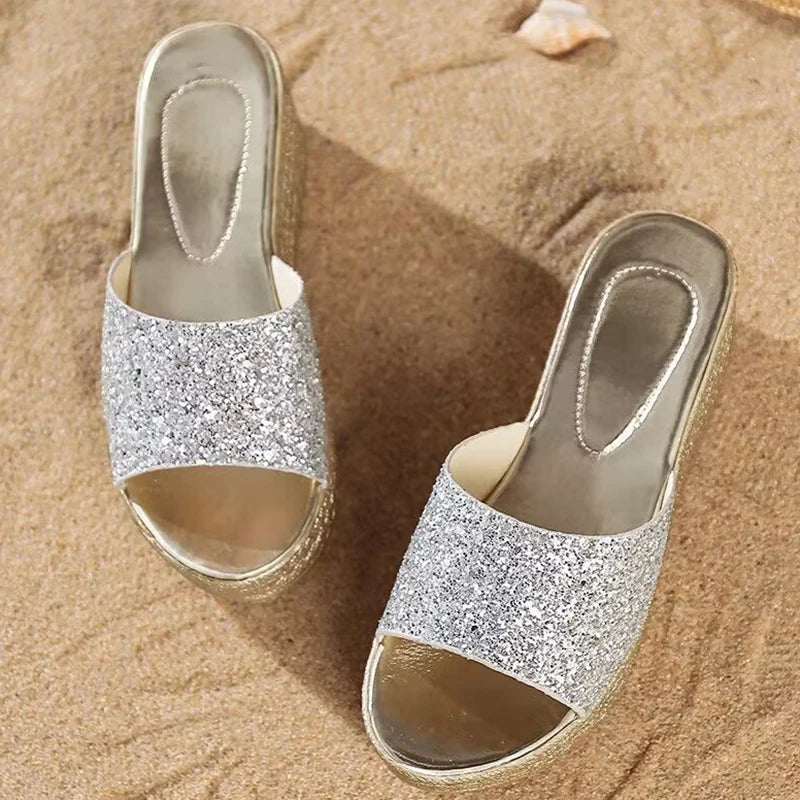 Sequins Wedges Slippers for Women Summer Open Toe Platform Sandals  Milanni Fashion   