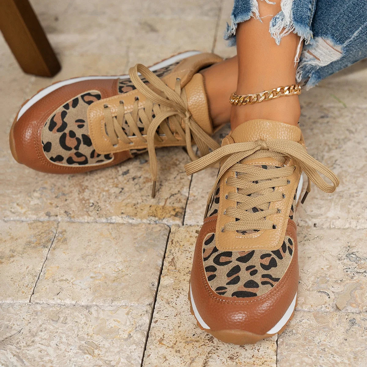 New Round Toe Low-top Leopard Wedge Sneakers Lace Up Sports Casual Shoes for Women Milanni Fashion