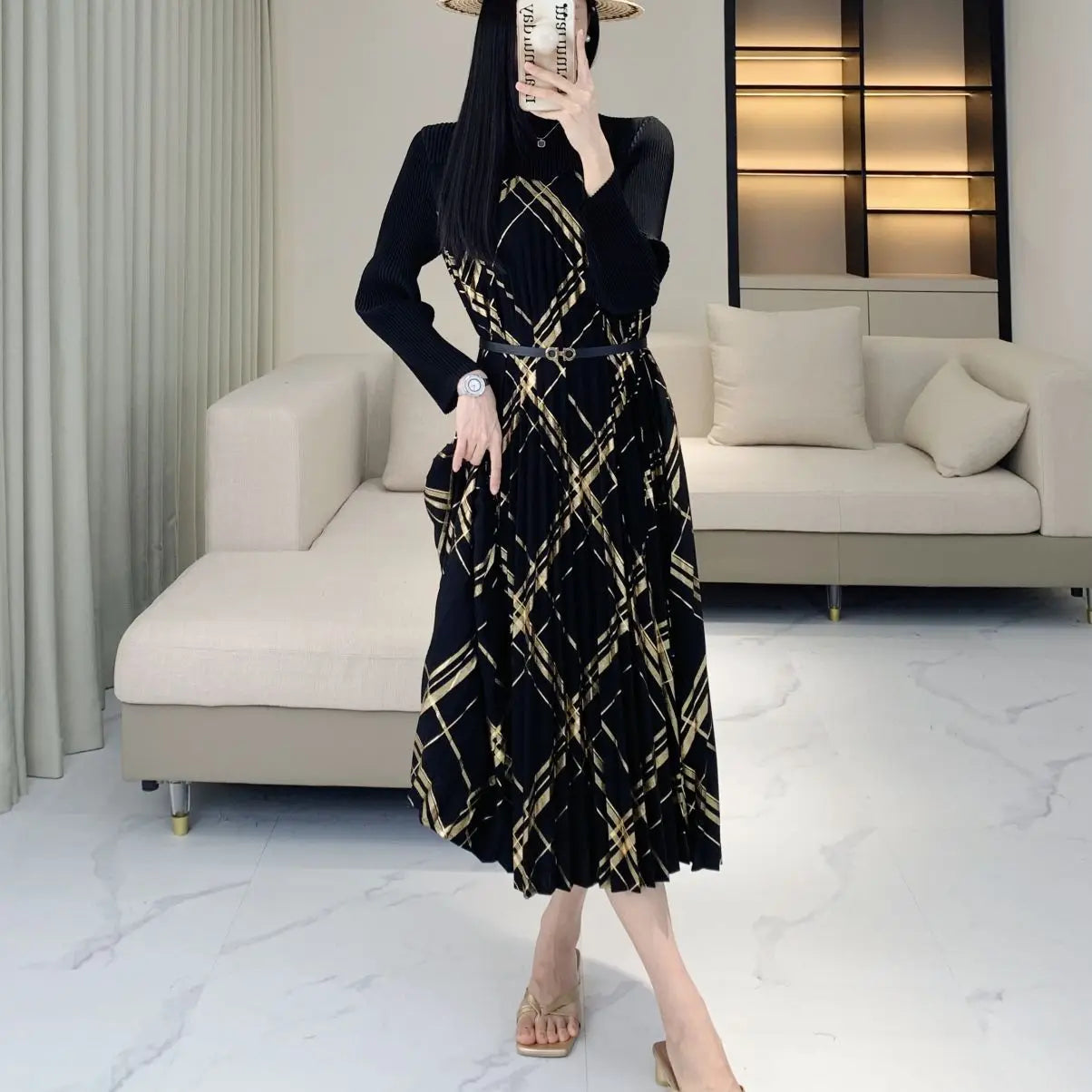 Fall Temperament Casual Pleated Skinny Pleated Skirt Women Clothing Maxi Dress Milanni Fashion   