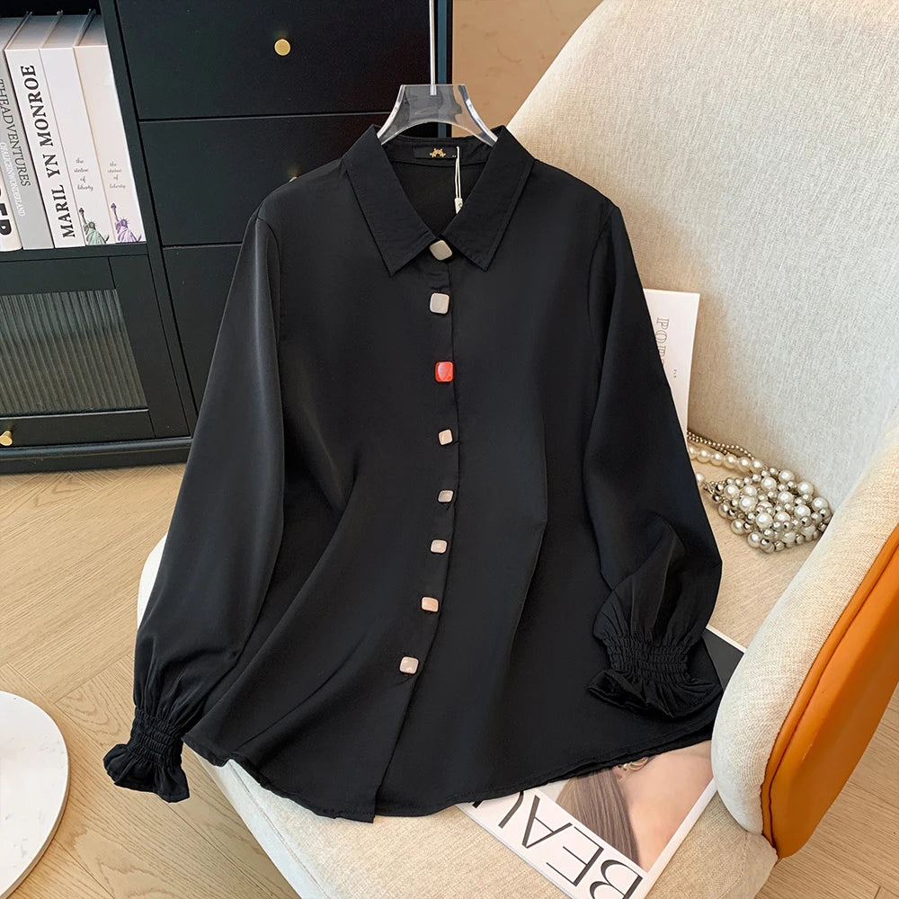 Plus-Size Women's Chiffon Shirt Long Sleeve Button-Up Business Casual Trendy Top Milanni Fashion Black 2XL