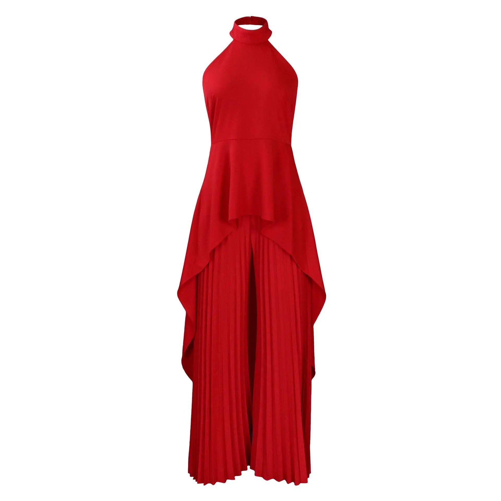 Elegant Tow Piece Women Outfit Backless Top Hundred Pleated Wide Leg Pant Trouser Suit  Milanni Fashion red M 