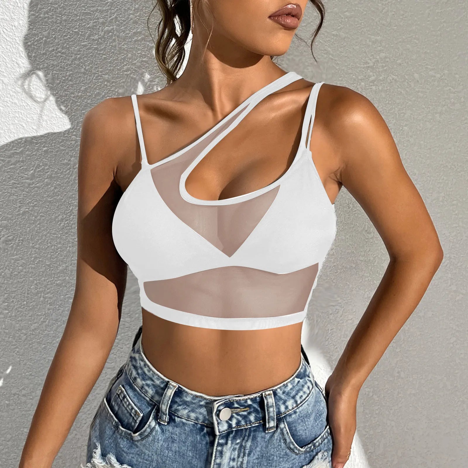 Sexy Women Sheer Mesh Top Spaghetti Strap Hollow Out Sports Tees Slim See-through Transparent Crop Tops  Milanni Fashion   