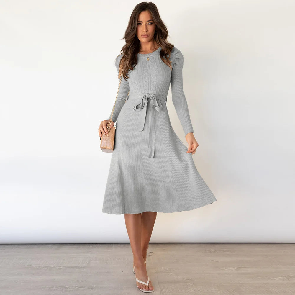 Bubble Long-Sleeved Knit Dress Mid-Length Temperament Thin High-Waisted Big Swing Bottoming Sweater Skirt Maxi Dress Milanni Fashion GRAY XXL United States