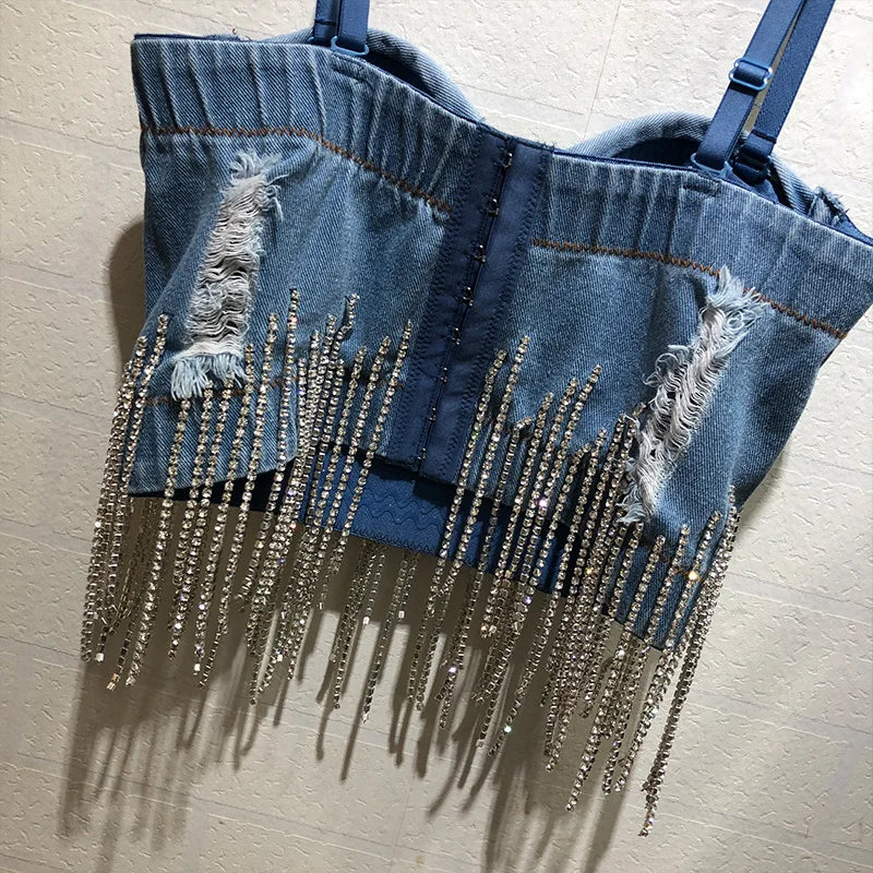 Fashion Diamond Tassel Strapless Bra Denim Vest Shirt Sexy Nightclub Cropped Top  Milanni Fashion   