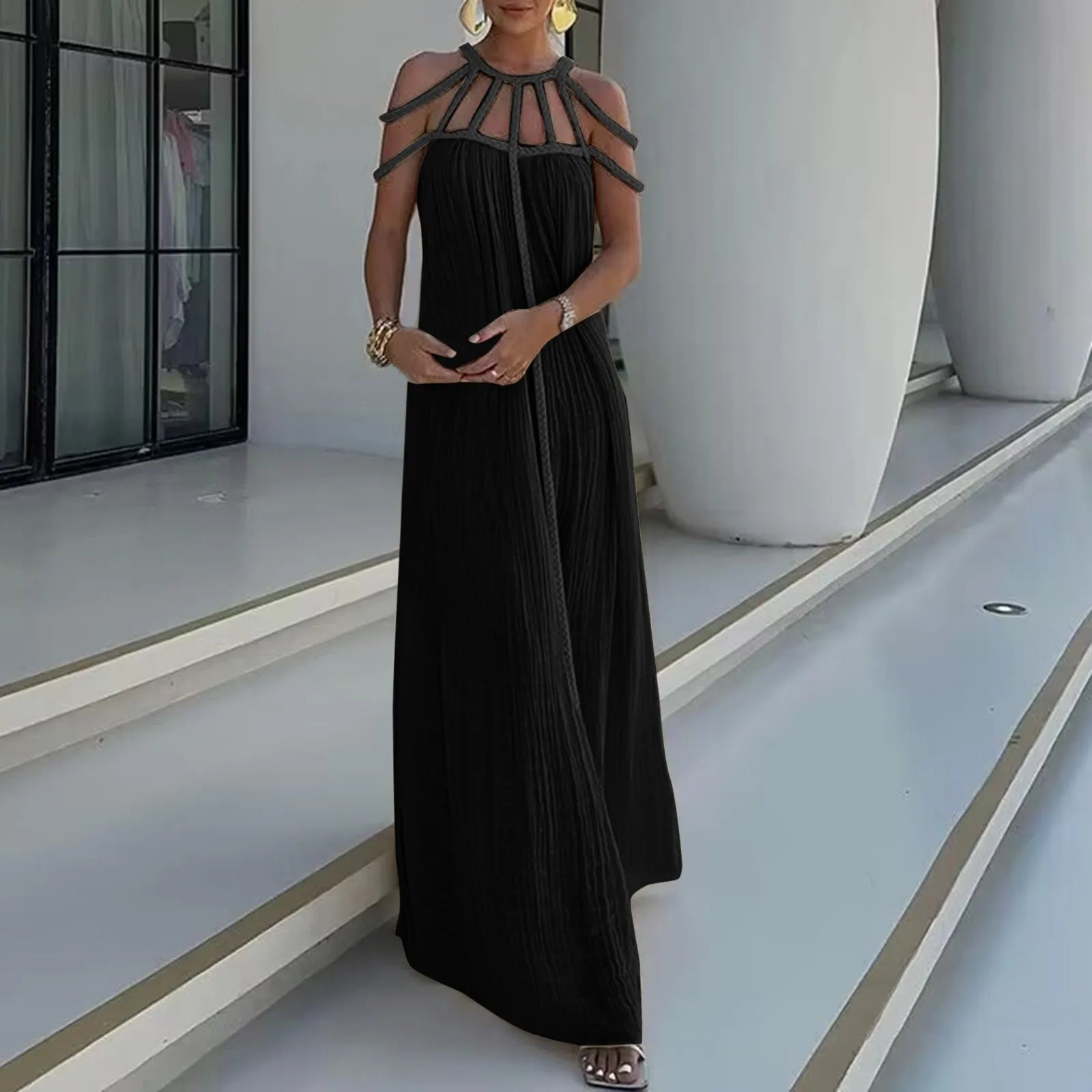 Women Spring Off-Shoulder Elegant Solid Long Dresses Maxi Dress Milanni Fashion   