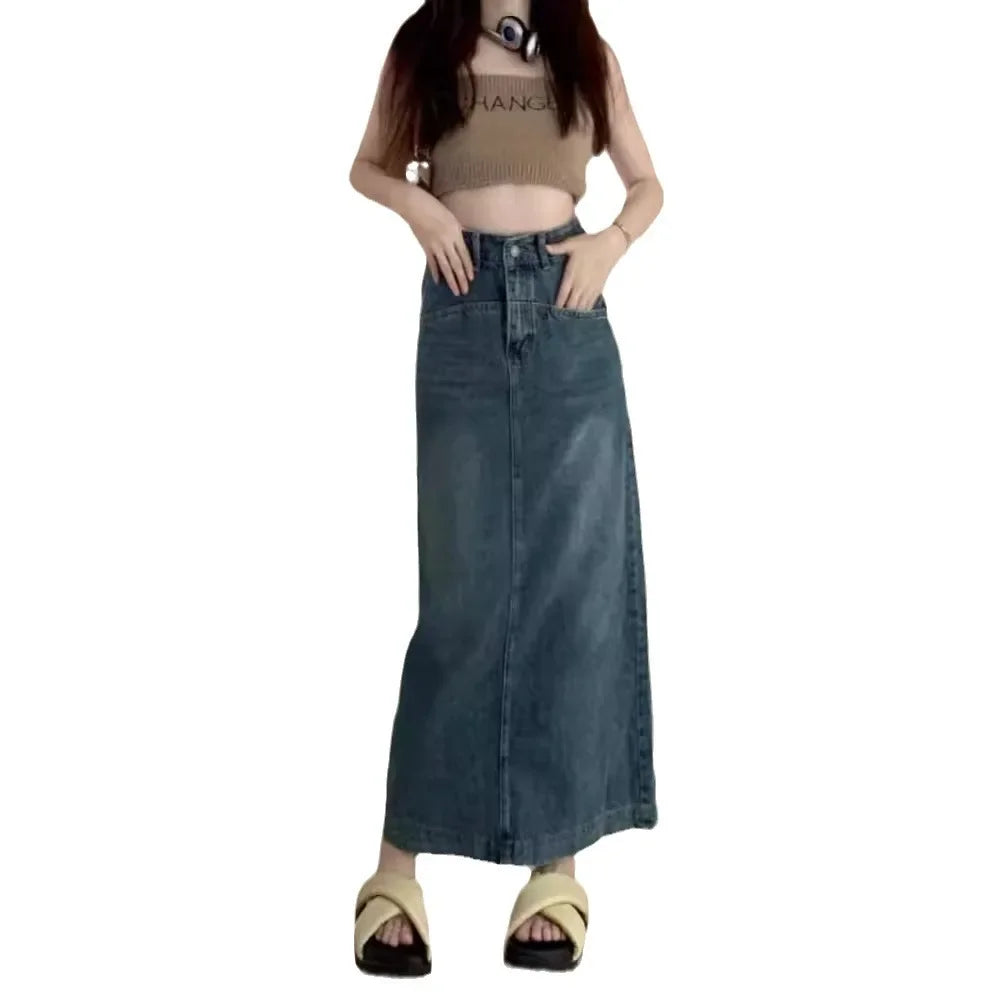 Plus Size Vintage Denim Skirt Women's Autumn Petite High-waisted Slimming A- line Long Dress Trendy Side Slit American Style  Milanni Fashion   