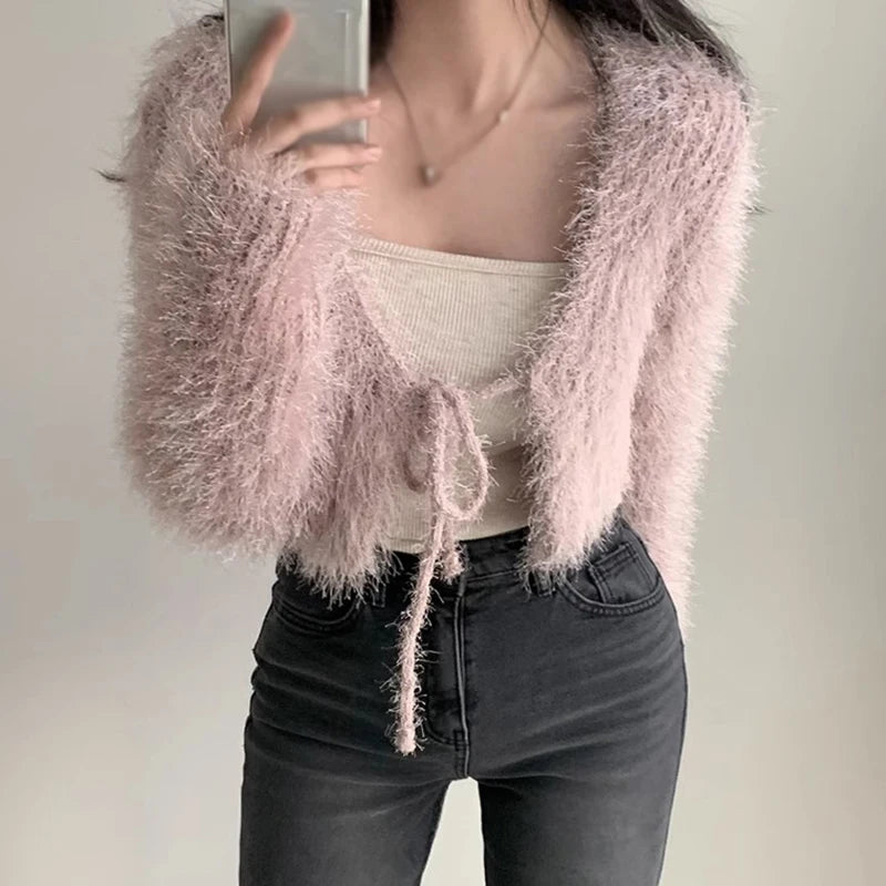 Loose Fit Knitted Sweater Solid Color Sexy Mink Velvet Autumn and Winter Short Cardigan for Women Milanni Fashion