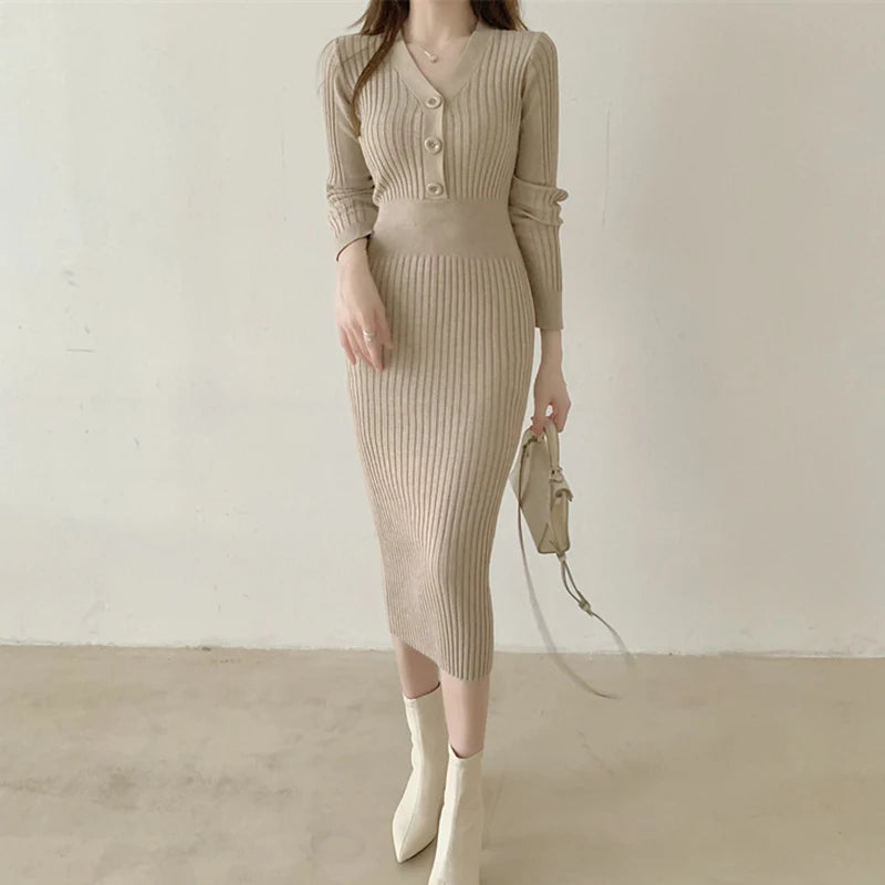 Vintage Knitted Sweater Long Sleeve Dress Women 2024 Spring Fall Elegant Bodycon Button V Neck Sweater Midi Dress  Milanni Fashion   