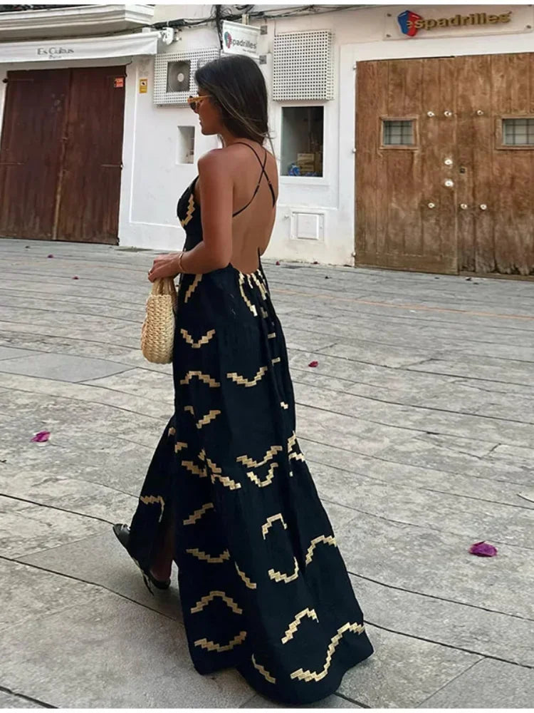 Sexy V-neck High Waist Backless Split Long Dress Fashion Printed Sleeveless Loose Dress Maxi Dress Milanni Fashion   