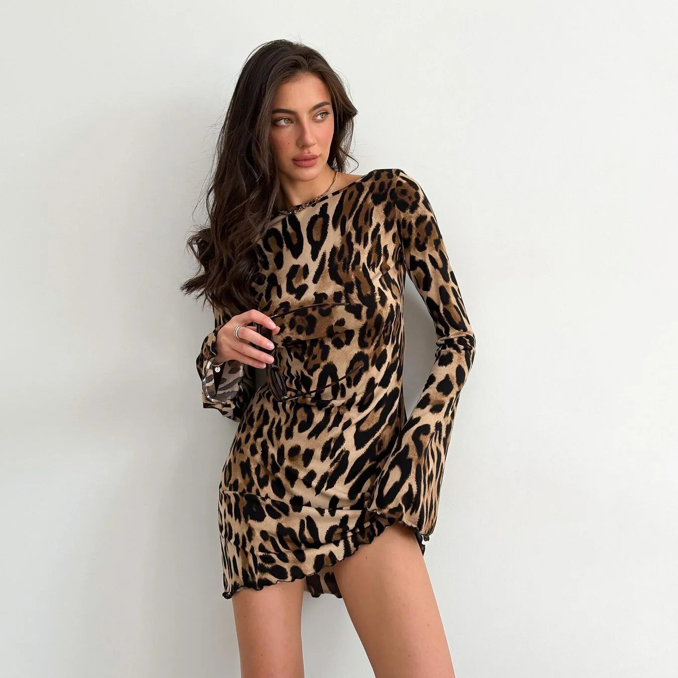 Leopard Print Mesh Long Sleeve Sexy Slim Fit Dress Fashionable and Elegant Women's Wear Milanni Fashion Brown S