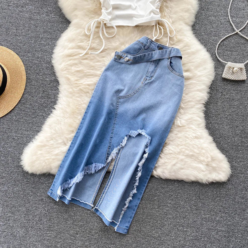 Summer Denim 2-Piece Set for Women One-Shoulder Drawstring Top & Slit Irregular Skirt Milanni Fashion