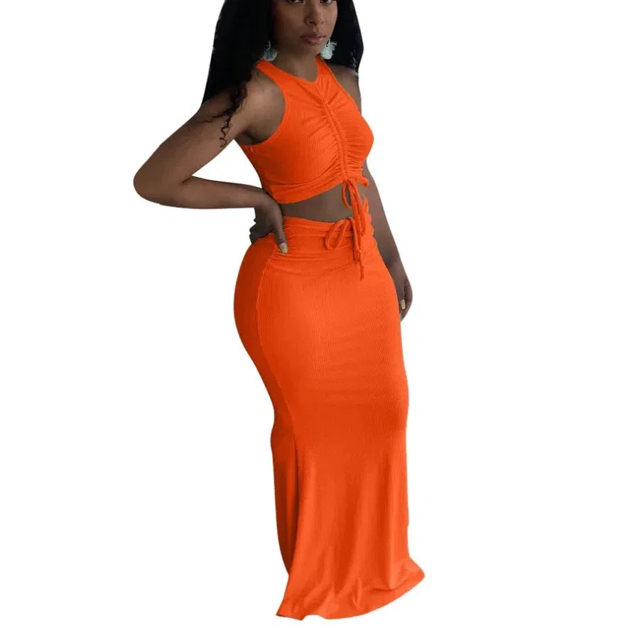 Sleeveless O-Neck Crop Top & Shirred Maxi Skirt Outfit Women's Knit Two Piece Skirt Set Milanni Fashion