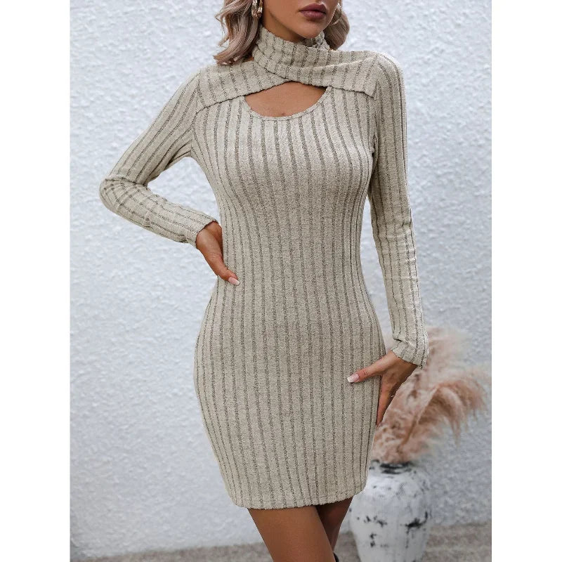 Autumn and Winter New Scarf Collar Long Sleeve Solid Color Dress  Milanni Fashion   