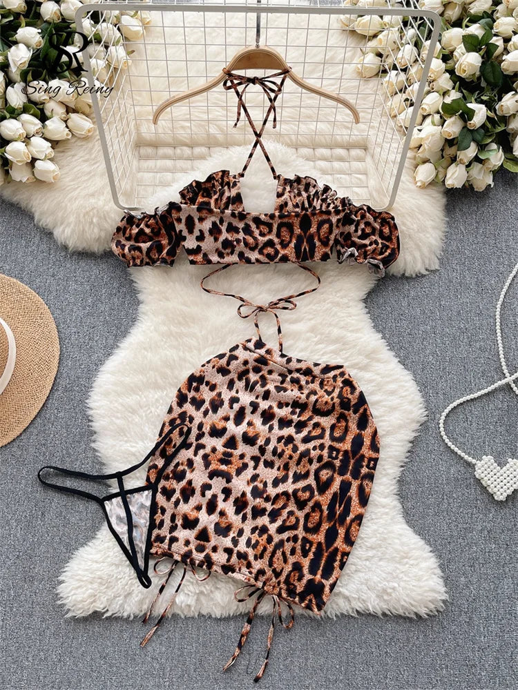 Leopard Print Sexy French Strapless Camisole and Folded Short Skirt Cosplay Lingerie Two-Piece Set Milanni Fashion