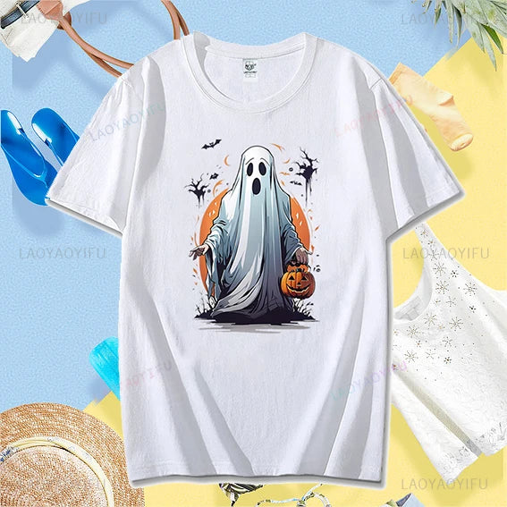 All Saints Day Kawaii Cartoon Trick or Treat Graphic T-shirt for Women Funny Halloween Tee Milanni Fashion White XXL