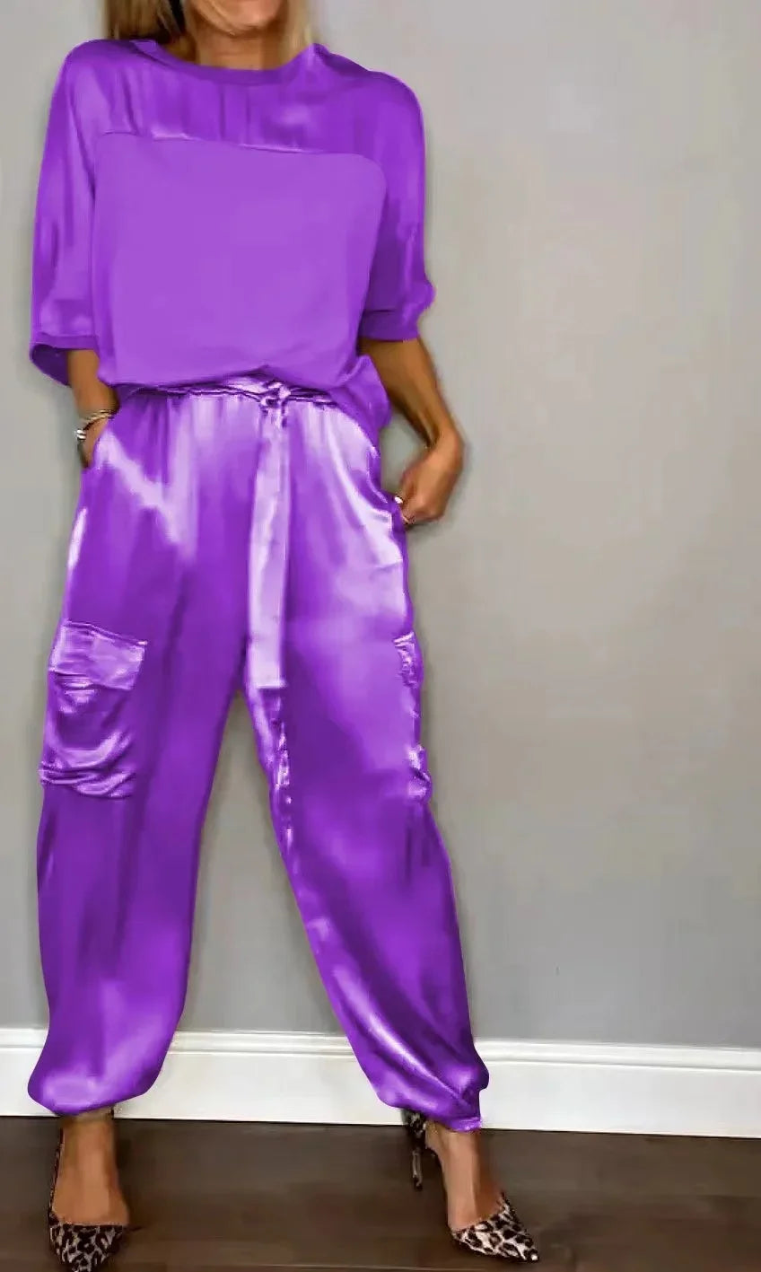 Autumn Elegant Women's Satin Set Smooth Satin Half-Sleeve Shirt and Casual Pants Two-Piece Outfit Milanni Fashion Purple XL