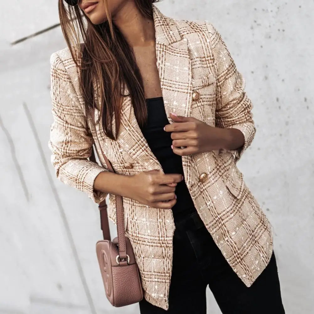 Blazer Plaid Print Lapel Long Sleeves Autumn Blazer Thick Double-Breasted Cardigan Stylish Outerwear Milanni Fashion