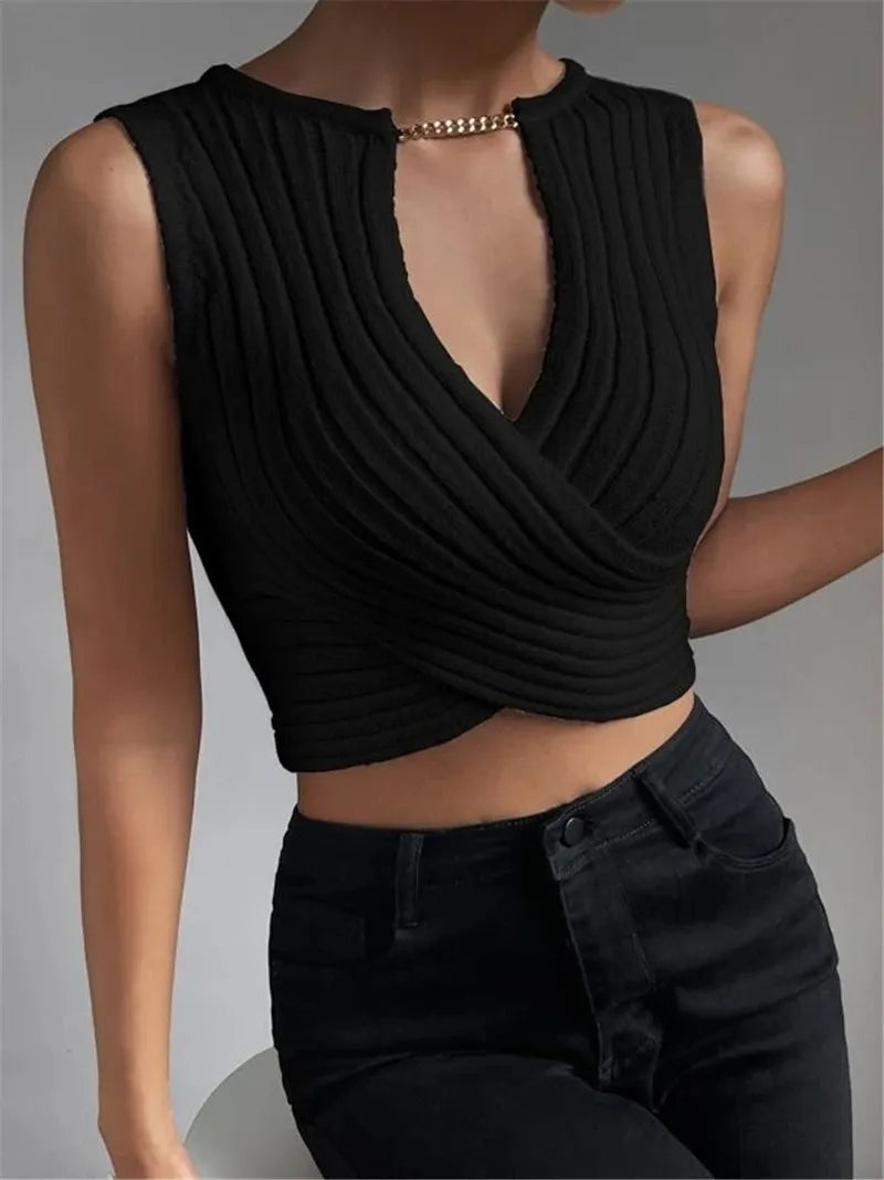 Autumn Women Hollow Out Criss Cross Ribbed Knit Sleeveless Halter Crossfit Crop Top  Milanni Fashion black S 