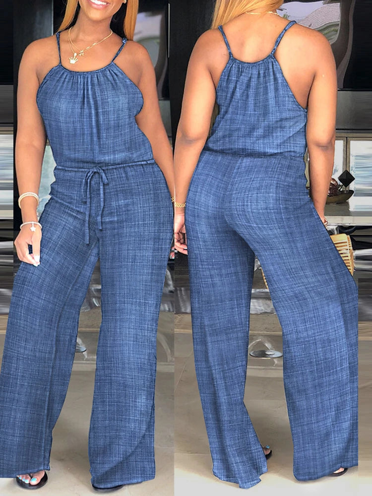 Spaghetti Strap Jumpsuit Women Summer Drawstring Casual Wide Leg Pants Romper Lady Overalls Milanni Fashion