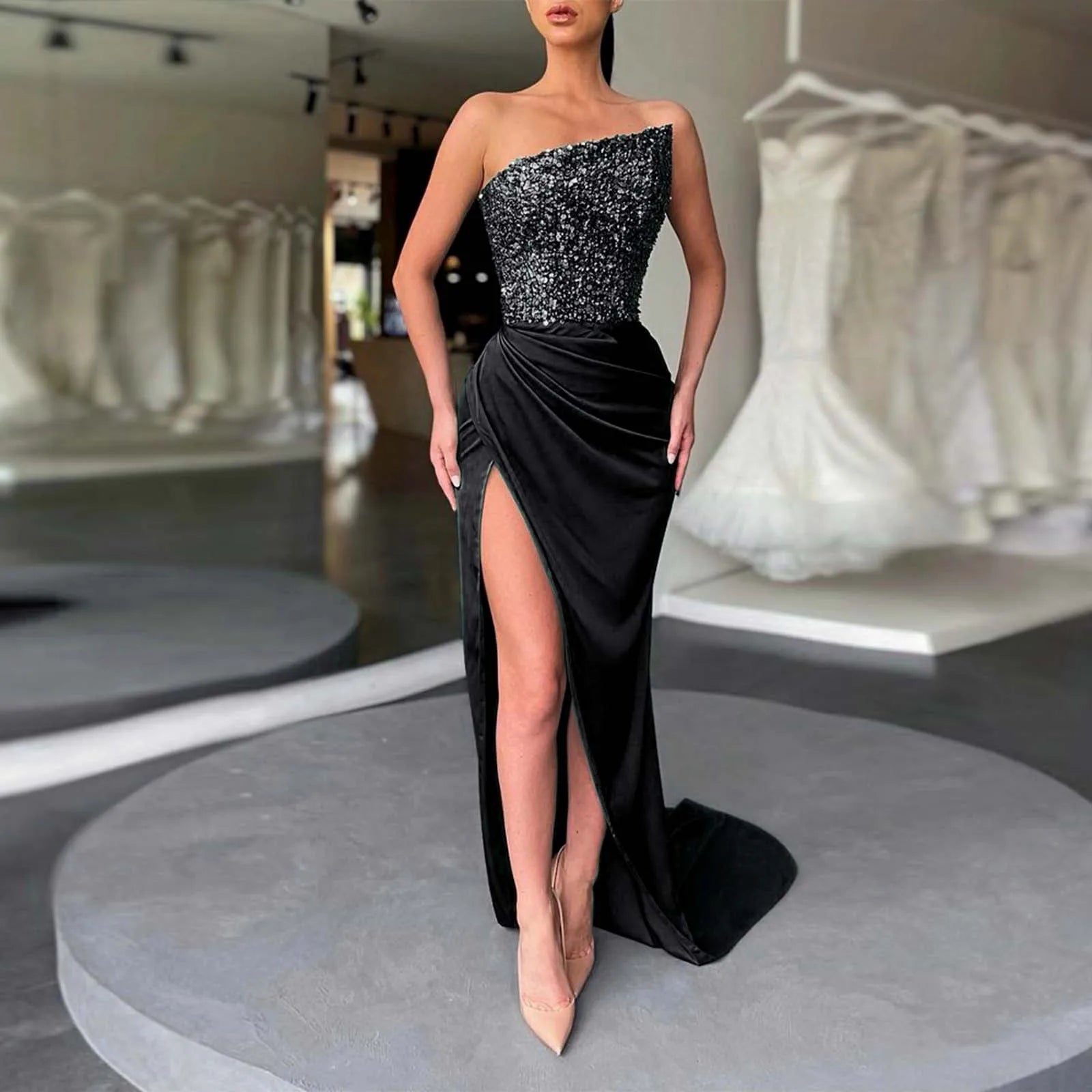 Women's Fashion Solid Color Beaded Sleeveless Long High Split Slim Evening Dress Midi Dress Milanni Fashion Black S United States