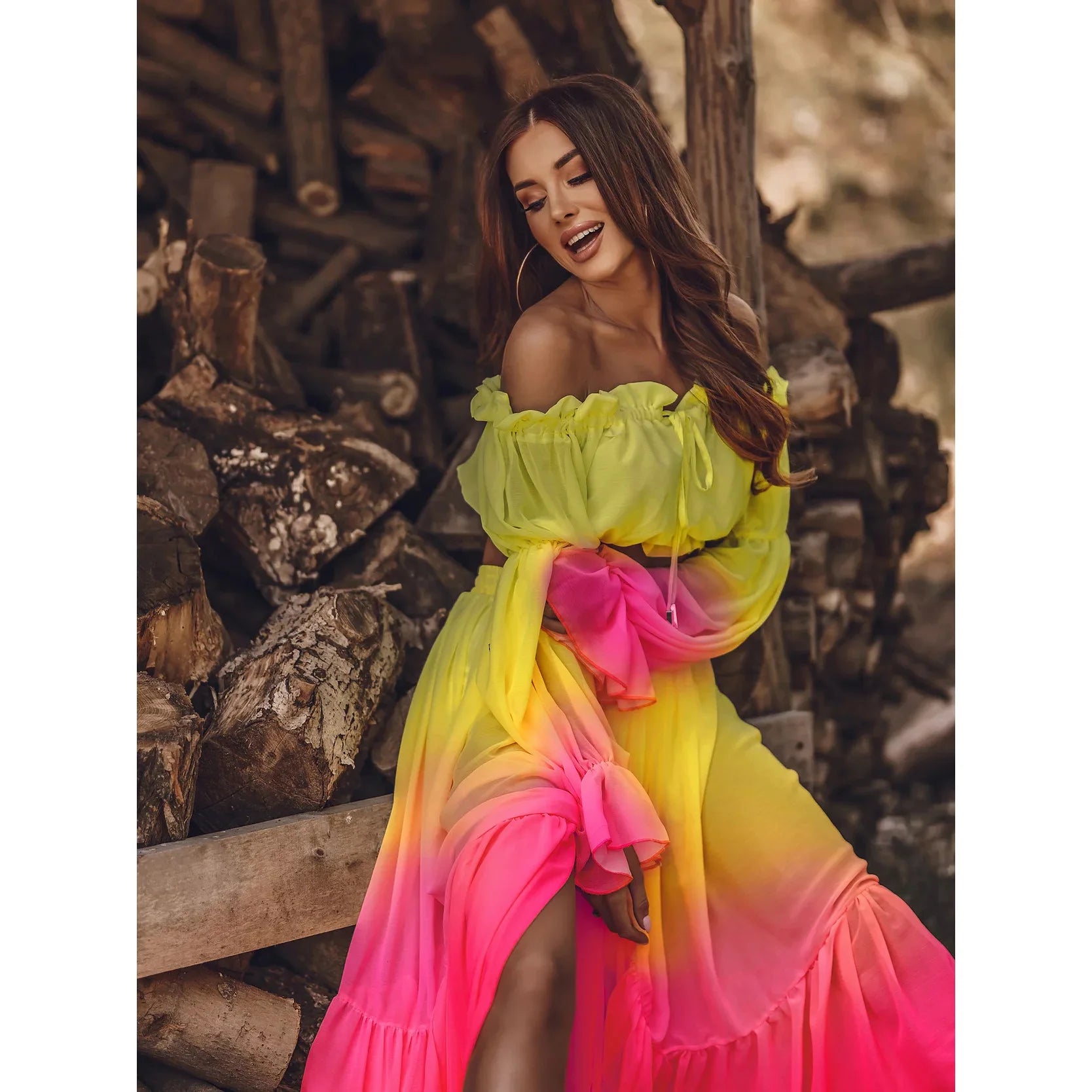 Autumn Chic Sexy Off-Shoulder Ruffle Blouse & Slit Long Skirt Two-Piece Set Vintage Colorful Print  Milanni Fashion   