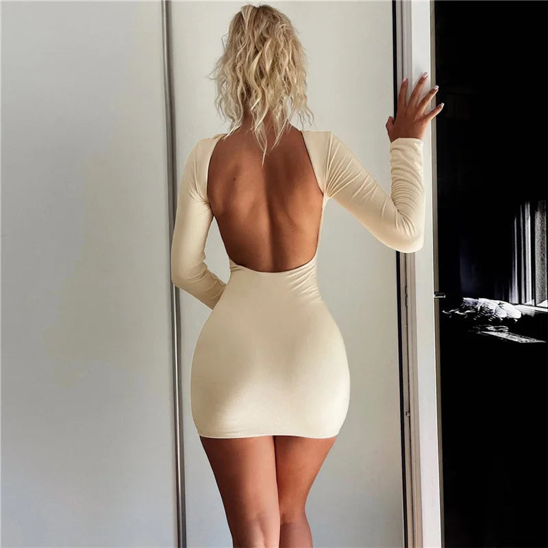 Chic Backless Fall Mini Dress Long Sleeve Square Neck Tight Bodycon Style for Women Elegant and Stylish Milanni Fashion