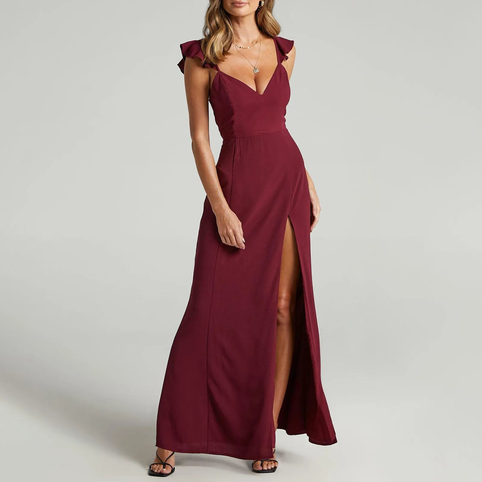 Women's Sleeveless Ruched Ruffle Lace Dresses Maxi Dress Milanni Fashion Wine M CN