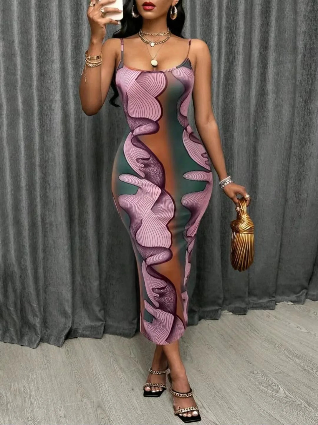 Spring and Summer New Model Design Pattern Tight Sexy Elegant Printed Halter Temperament Long Dress Midi Dress Milanni Fashion violet S 