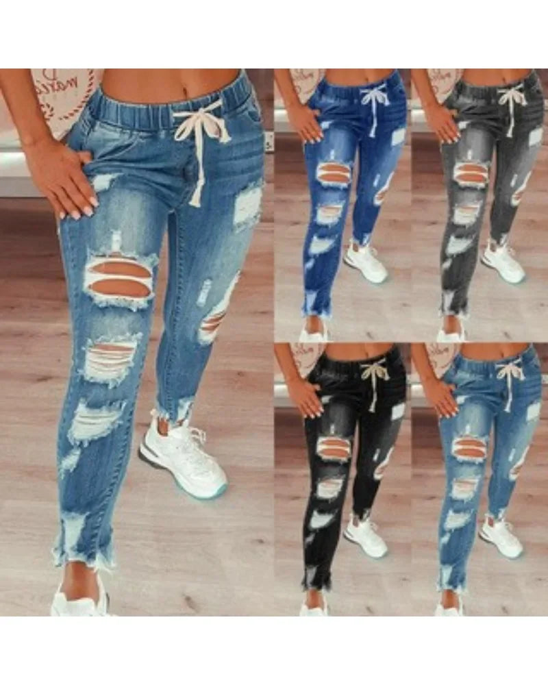 Plus Size Slim Fit Lace-Up Mid Waist Denim Jeans Women's Perforated Elastic Feet Tight Waist Pants Milanni Fashion