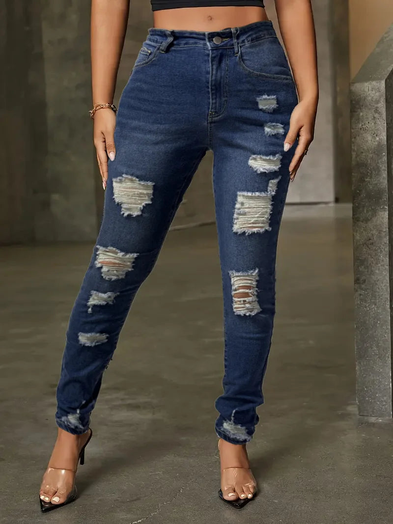 Dark Blue Casual Ripped Skinny Jeans Slim Fit with Pockets Women's Fashionable Denim Pants Milanni Fashion