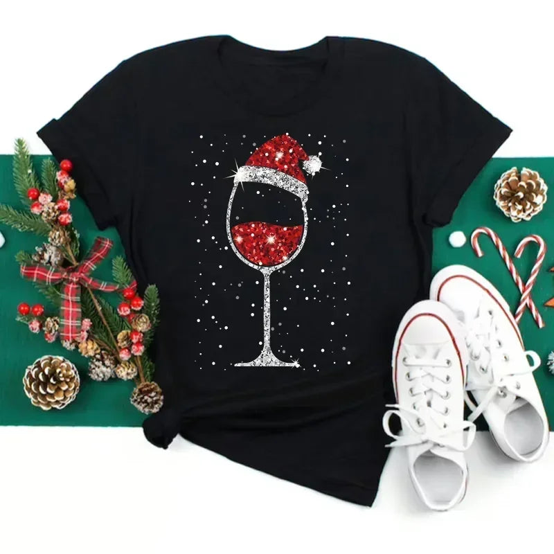 Wine Glass Christmas Black T-Shirt Fun Cartoon Xmas Gifts for Holiday Season & Festive Top Milanni Fashion