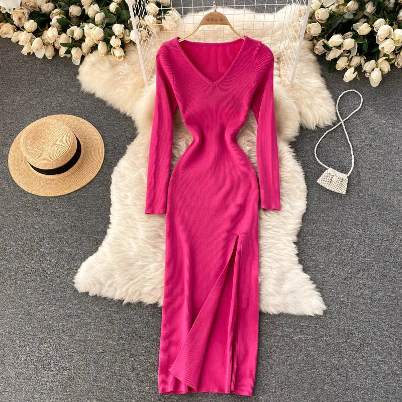 Sexy High Split Sweater Dress Women Full Sleeve Bodycon Slim Long Party Dress For Autumn Winter Milanni Fashion