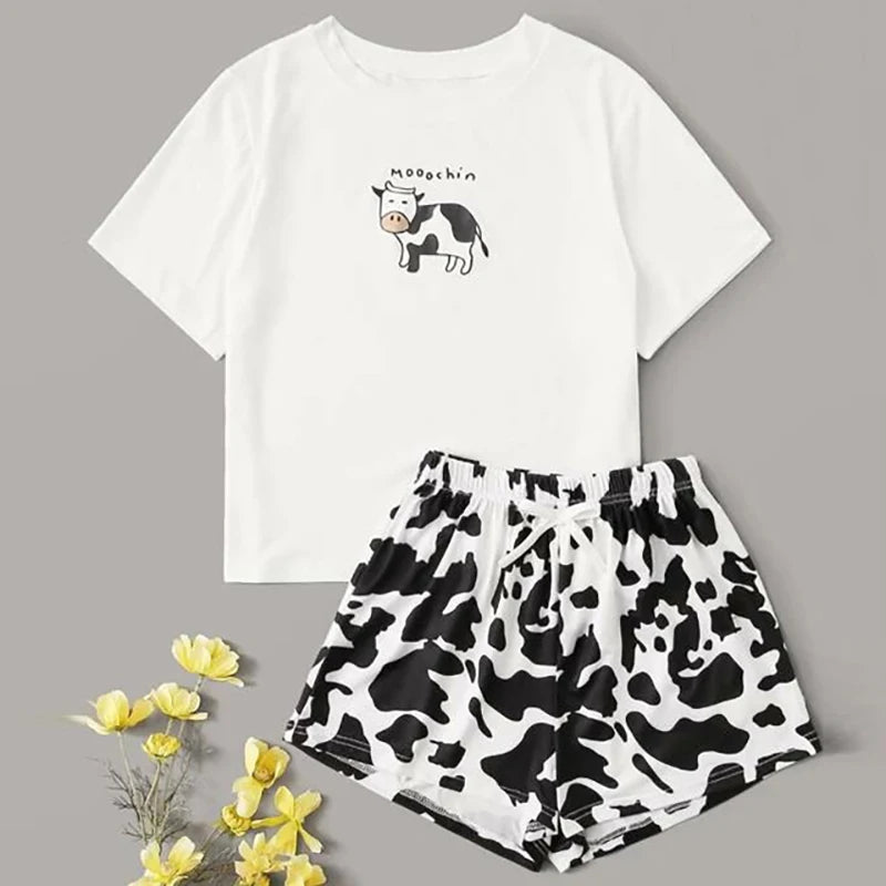 Cartoon Print Faux Cotton O-Neck T-Shirt Top and Shorts Two-Piece Loungewear Comfortable Casual Set Milanni Fashion