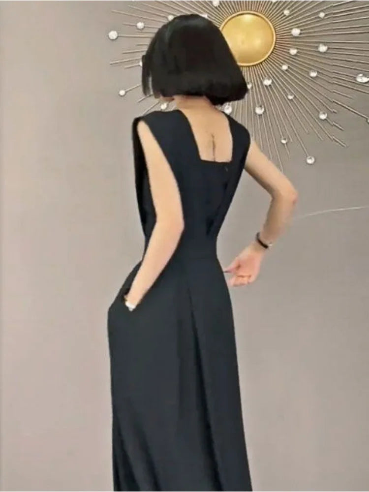 Black Trendy Loose Retro Summer Jumpsuit Feminine Office-Look Sleeveless Simple Elegant Solid Evening Dress Milanni Fashion