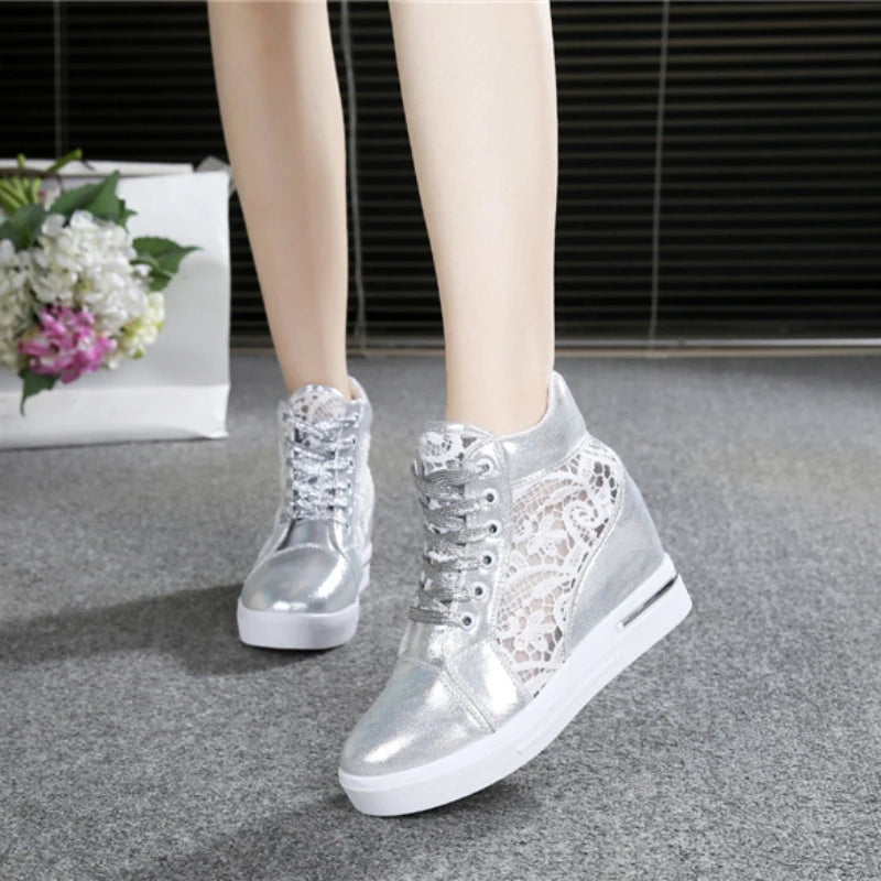 Leather High-Heeled Wedge Platform Sports Shoes Rubber Cloth Height Increase Silver Women Footwear Milanni Fashion