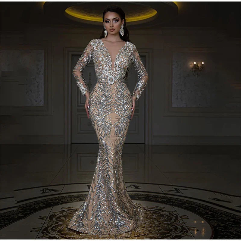 Women Solid Luxury Sequins Slim Dress Sexy Deep V-neck Long Sleeve Bodycon Dress Maxi Dress Milanni Fashion   