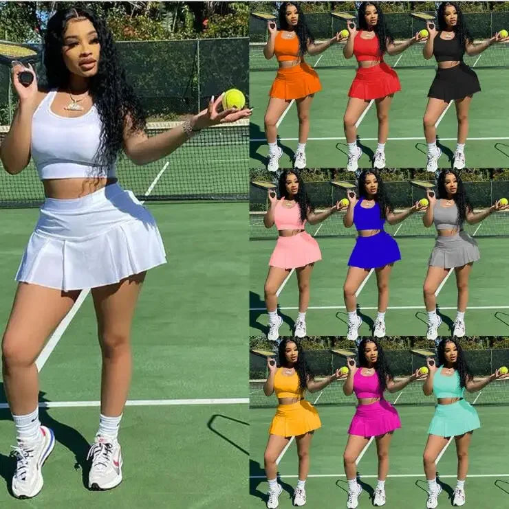 Sporty Women Two 2 Piece Outfits Set Tank Tops and Pleated Skirts Active Tracksuit  Milanni Fashion   