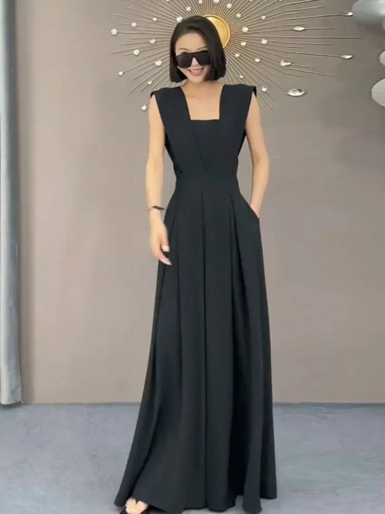 Black Trendy Loose Retro Summer Jumpsuit Feminine Office-Look Sleeveless Simple Elegant Solid Evening Dress Milanni Fashion