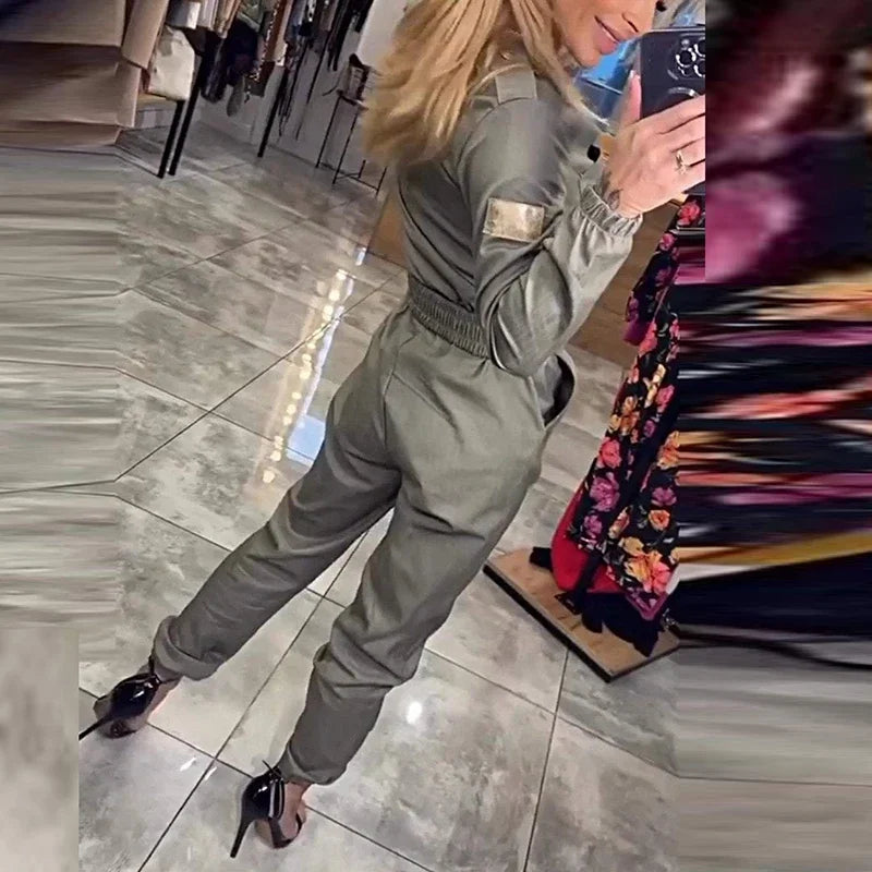 Solid Long Sleeve Combination Commuter Single Breasted Waisted Slim Jumpsuit for Women Milanni Fashion Green S