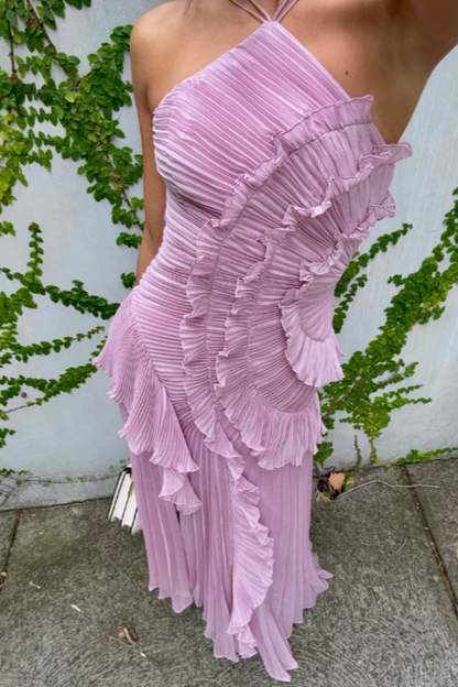 Elfriede | Women's Pleated Ruffle Halter Neck Midi Dress