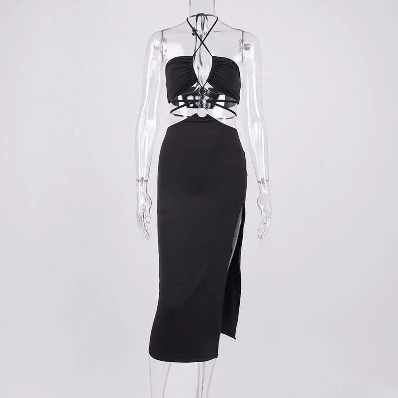 Sexy Hollow Lace Up High Slit Long Dress Elegant Evening Party Dress Maxi Dress Milanni Fashion   