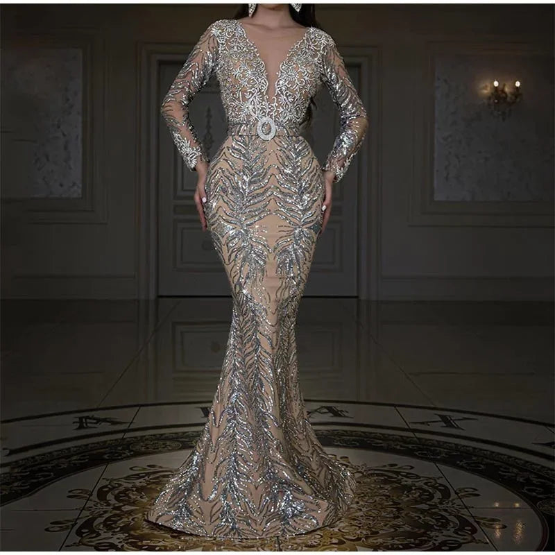 Women Solid Luxury Sequins Slim Dress Sexy Deep V-neck Long Sleeve Bodycon Dress Maxi Dress Milanni Fashion   