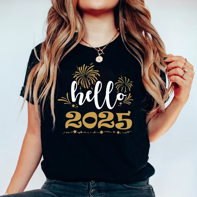 Hello 2025 Printed Women’s T-Shirt Casual O-Neck Short Sleeve Holiday Party Top Perfect Gift Milanni Fashion