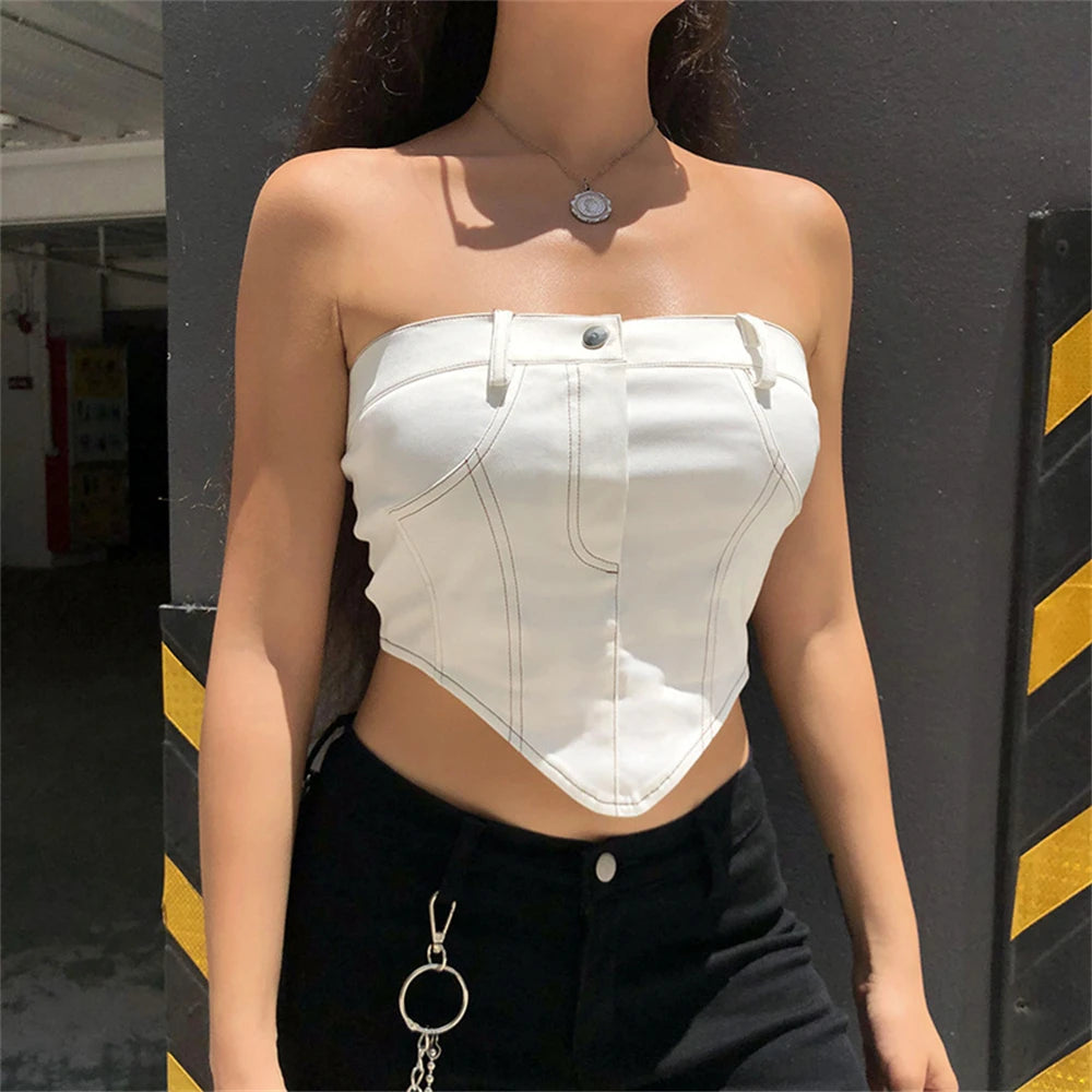 Sexy Camisole New Design Crop Tube Top Women Jeans Button Zipper Backless Denim Bustier Streetwear  Milanni Fashion   