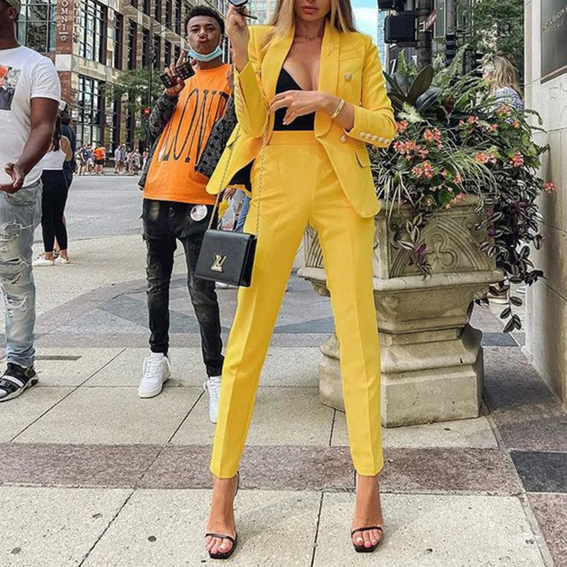 Blazer Button Splice Coat & Straight Pant Elegant Office Lady 2 Piece Set  Milanni Fashion yellow S 