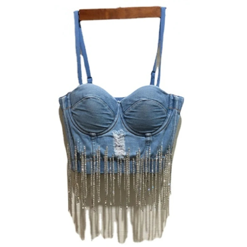 Fashion Diamond Tassel Strapless Bra Denim Vest Shirt Sexy Nightclub Cropped Top  Milanni Fashion   